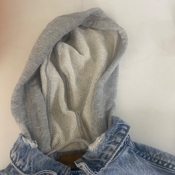 American Eagle Hoodie Crop Denim Jacket Womens XS Blue Distressed Layering - Picture 6 of 9
